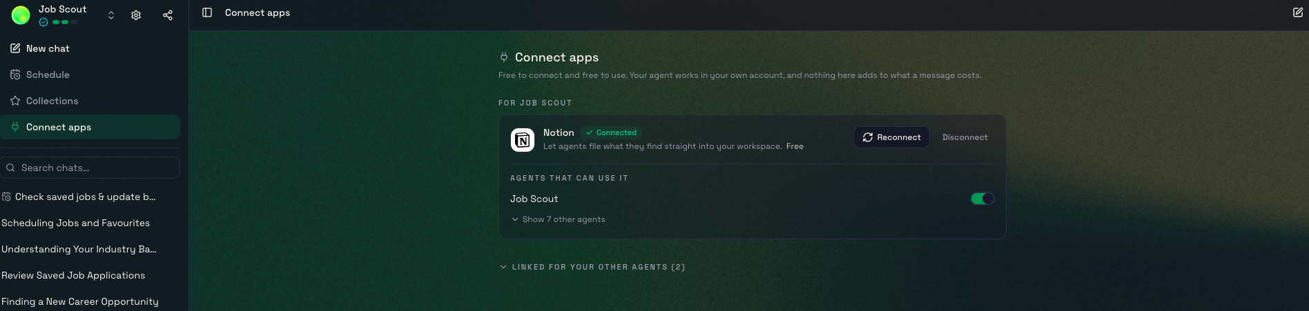 Job Scout’s Connect apps page with Notion connected and enabled for the agent, alongside Reconnect and Disconnect controls.