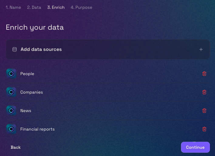 Step three: Enrich your data, with People, Companies, News and Financial reports added as Omnimatch data sources.
