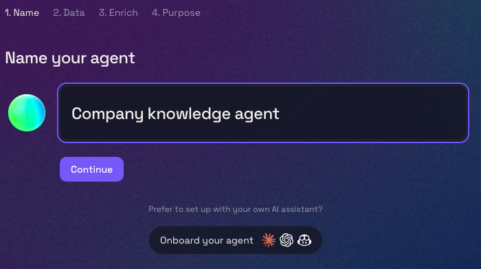 First step of creating an agent: Name your agent, with Company knowledge agent entered and a Continue button.