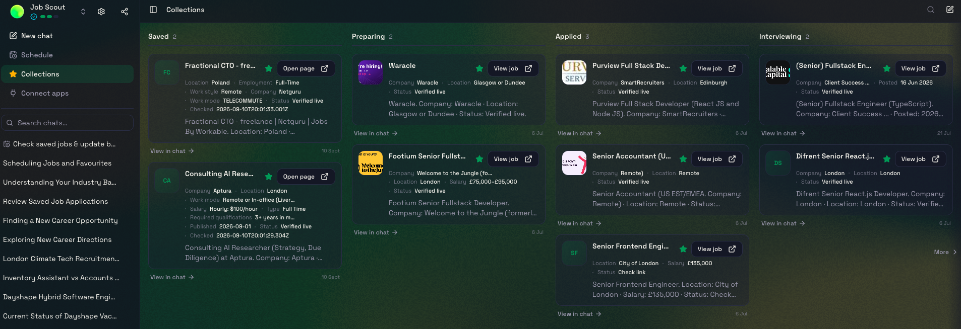 Job Scout’s Collections board with saved jobs organised into Saved, Preparing, Applied and Interviewing columns.