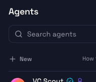 Agents list with the + New button beneath the search box.