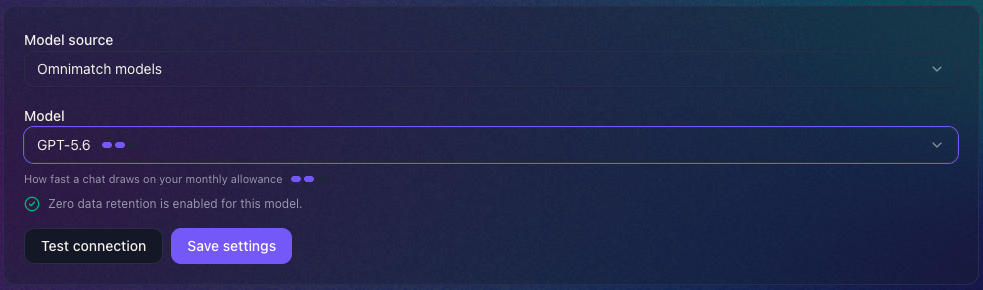 Omnimatch model settings with selectors, usage marks, provider zero data retention status, Test connection and Save settings buttons.