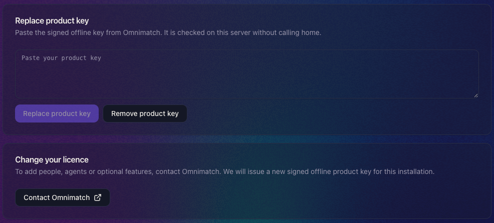 Replace product key field and Change your licence section with a Contact Omnimatch button.