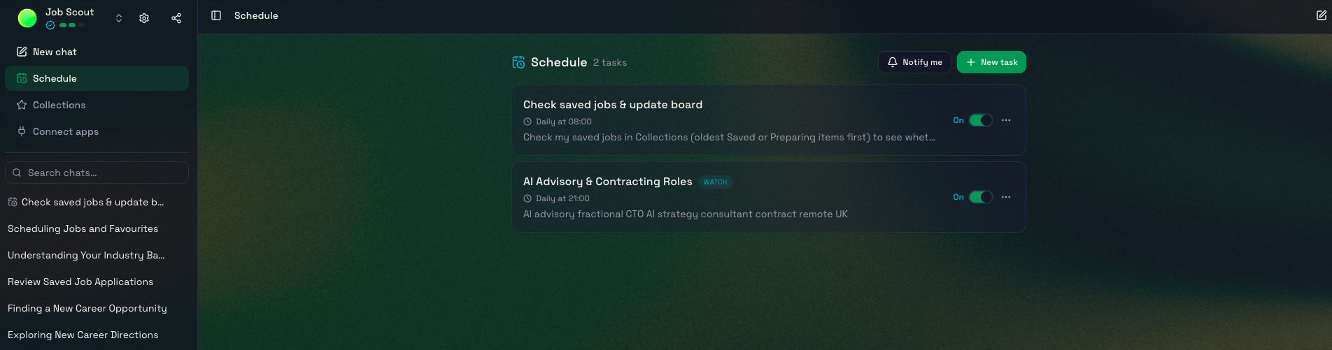 Job Scout’s Schedule page showing two enabled daily tasks, with Notify me and New task buttons.